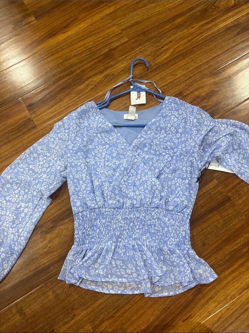 Smocked Peplum V-Neck Long Sleeve Top - Light Blue Floral